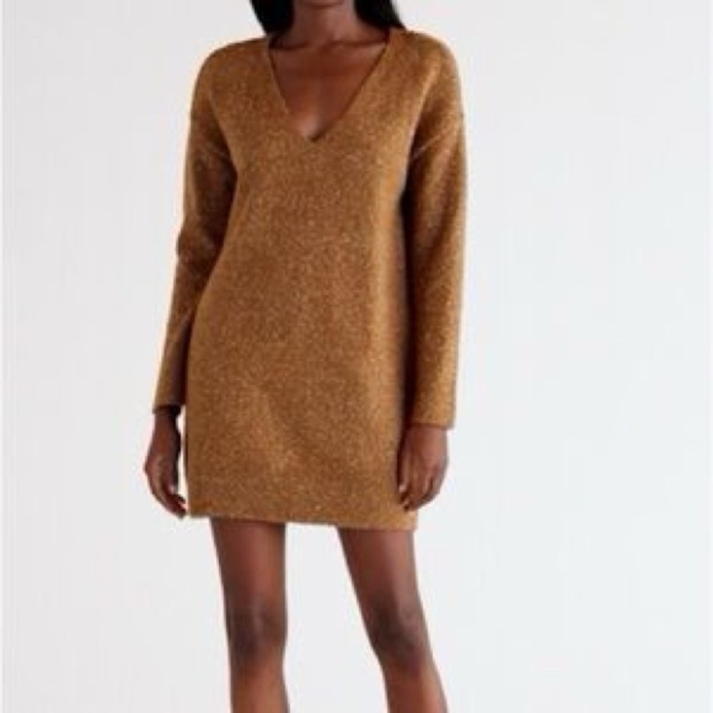 New Treasure & Bond Metallic Camel V-Neck Mini Dress